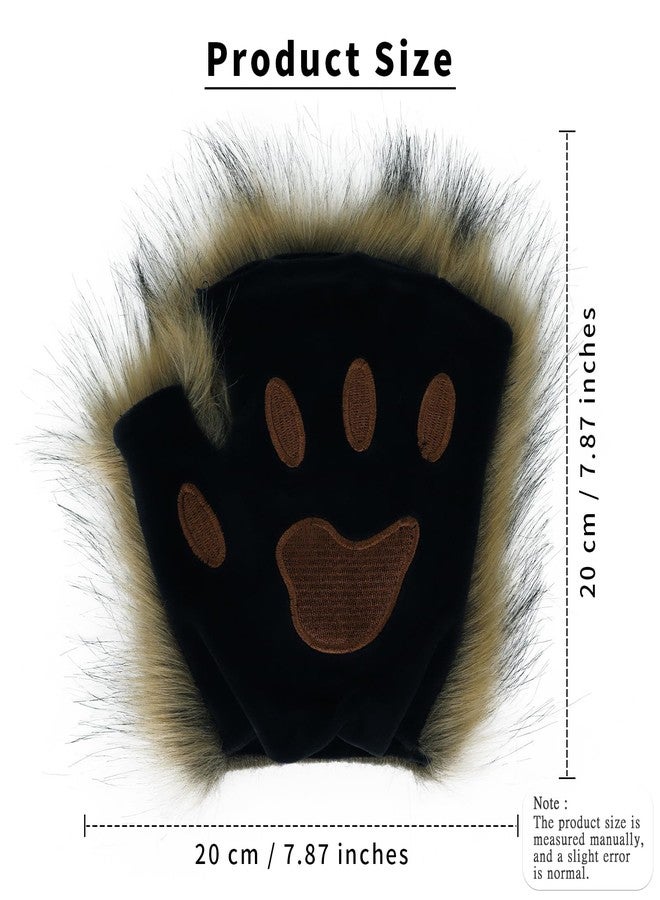 HAOAN Wolf Paw Gloves Faux Fur Cat Fingerless Mittens Winter Warm Cosplay Halloween Fancy Party Costume Accessories - Image 2